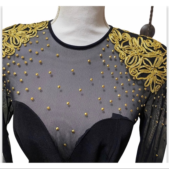 Vintage 80’s Caché Gold Embellished SheerArm Dress - Picture 4 of 13